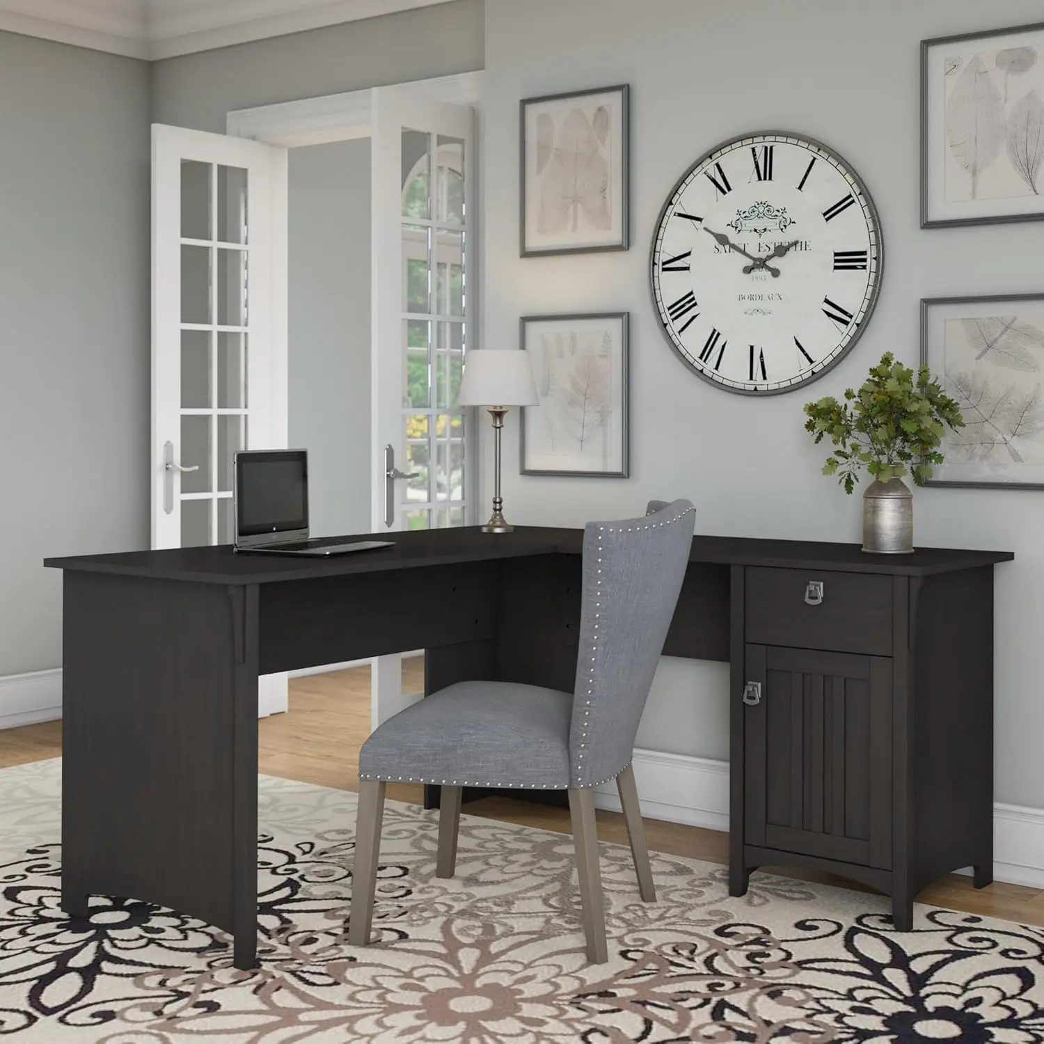 Bureau en Forme avec Rangement en Noir Vintage | Table d'Angle de Ferme Moderne