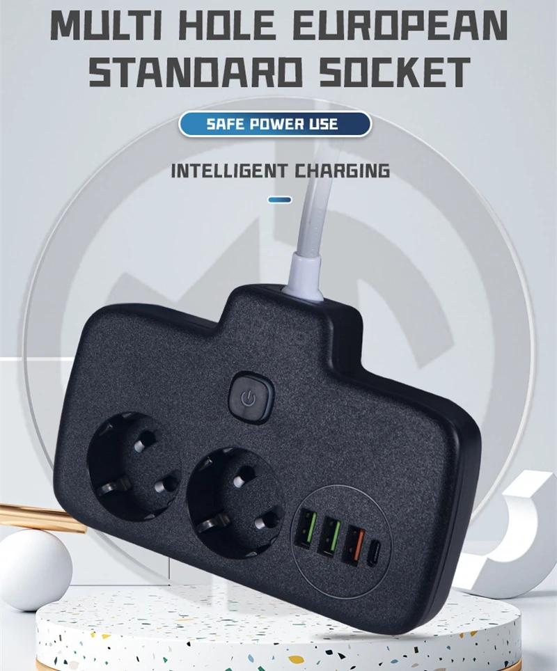 EU Plug European Standard Universal Sockets Extension Converter European Plug with Socket USB TypeC Independent Power Switch YH1