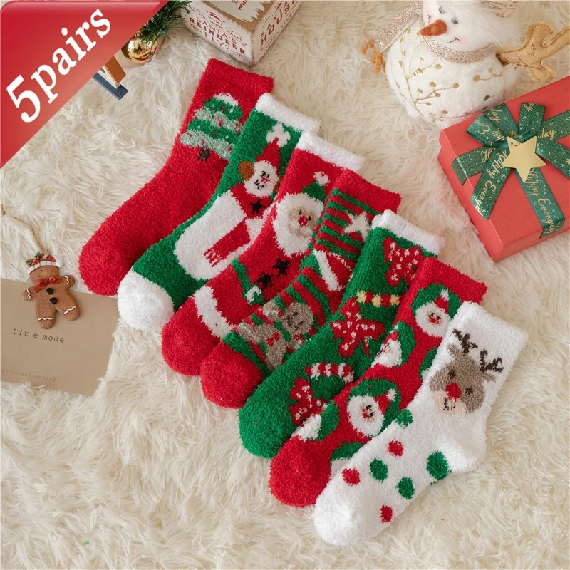

5 Pairs Women's Socks Thickened Warm Comfortable Coral Fleece Socks Set New Christmas Cute Cartoon Colorful Kawaii Floor Socks