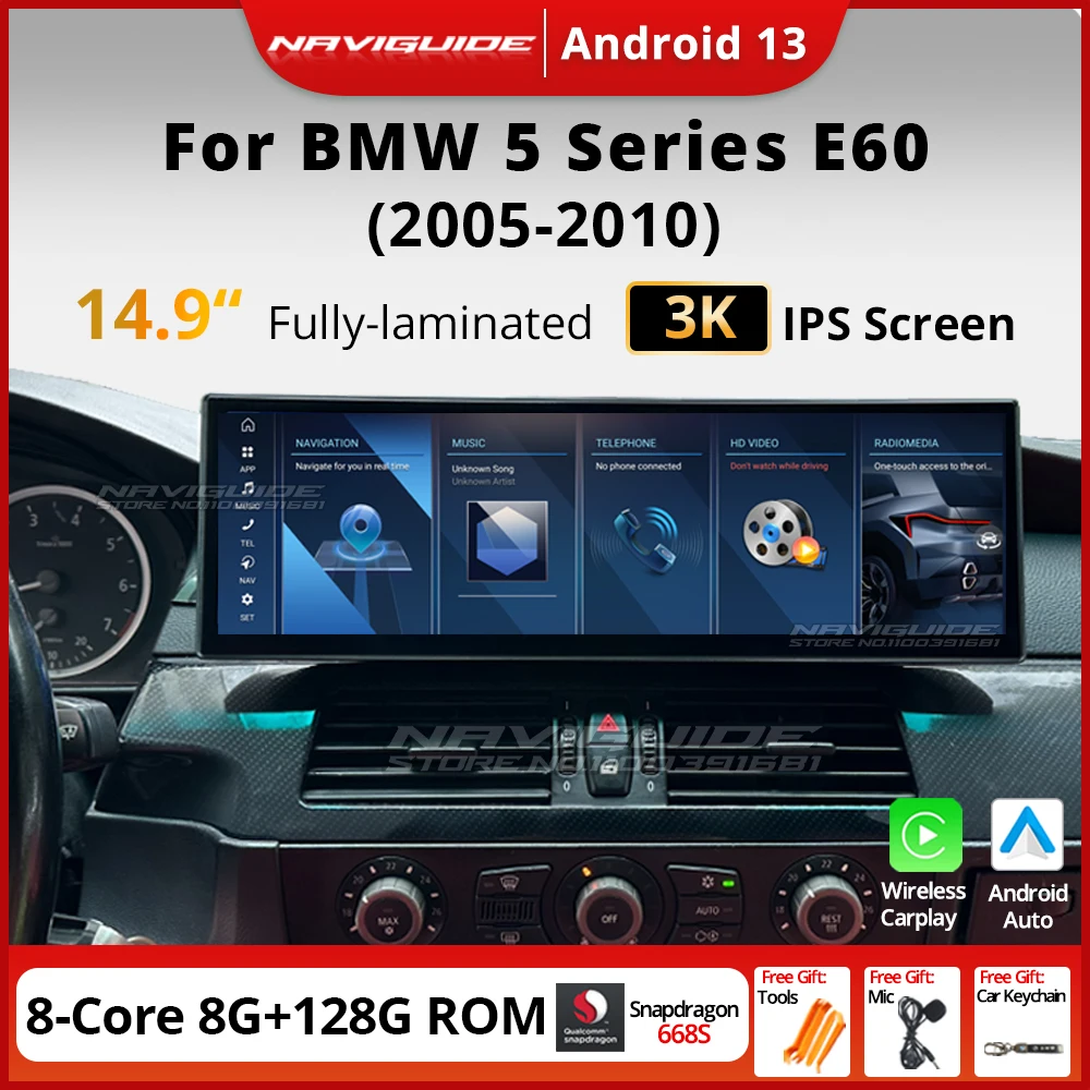 NAVIGUIDE 14.9 Inch Android13 For BMW 5 Series E60 E61 E62 E63 CCC CIC System Car Radio Multimedia Player Carplay WIFI 4G BT GPS