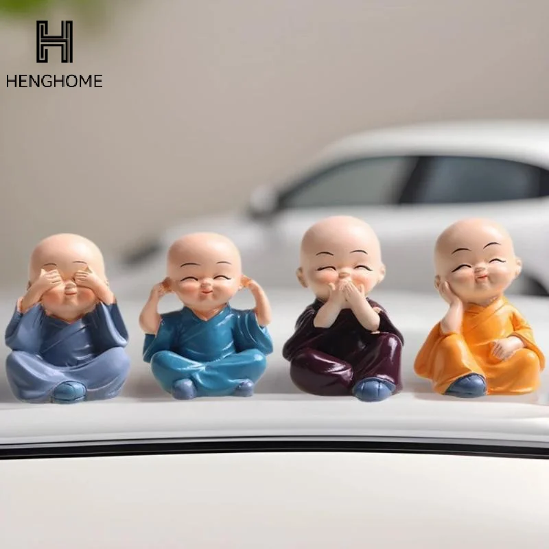 4pcs Cute Monk Resin Crafts Mini  Statue Set Creative Desktop Decor for Car Home Office Zen Space Ornaments
