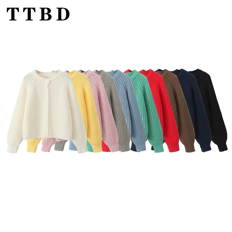 

TTBD 2024 New Spring Women's Fashion Crew Neck Solid Color Knitted Cardigan Long Sleeve Jumper Elegant Commuting Top