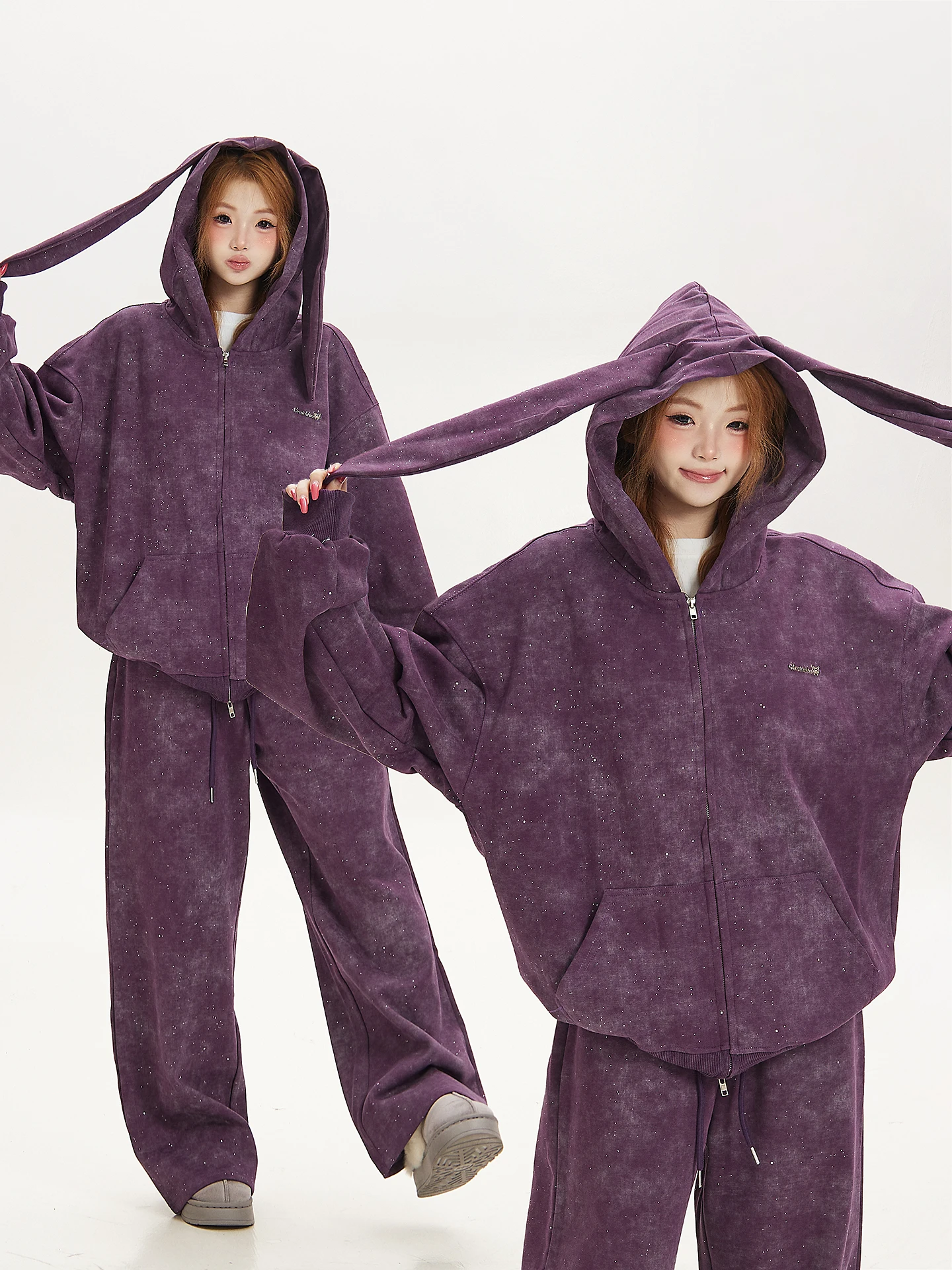 Lazy Relaxant Ant And Rabbit Ear Hoodie Jacket Women Loose Casual Style Outfit Set Cotton Polyester Blend Long Sleeve Zipper