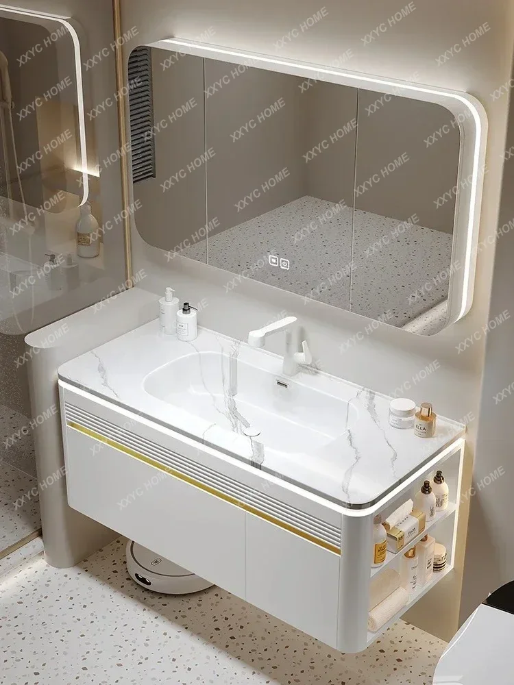 A  xqLight Luxury Bathroom Cabinet Ceramic Whole Washbin Combination Oak Wash Basin Pink Bathroom Wash Basin Cream Style
