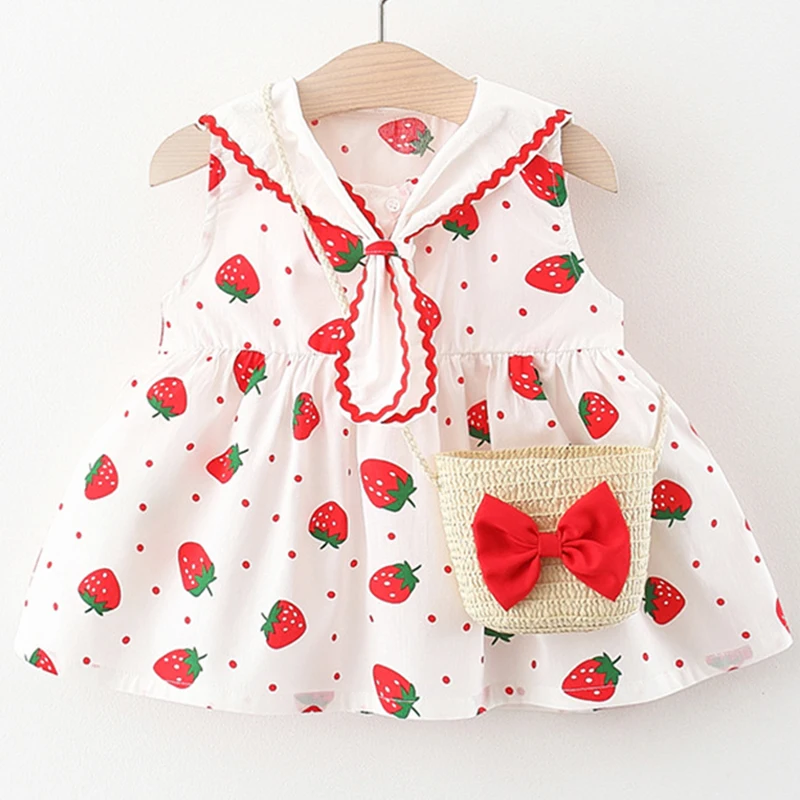 

Summer Newborn Baby Girl Clothes Korean Cute Strawberry Print Sleeveless Princess Infant Dress+Bow Bag Toddler Dresses BC062