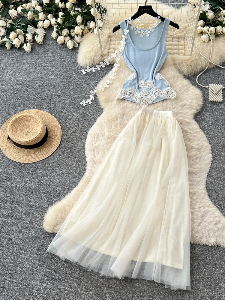 

Summer Slimming Lace Patchwork Vest And High Waist Skirt Set Women's Fashion Ensemble Casual Commute Style Mid-Thick Regular Fit