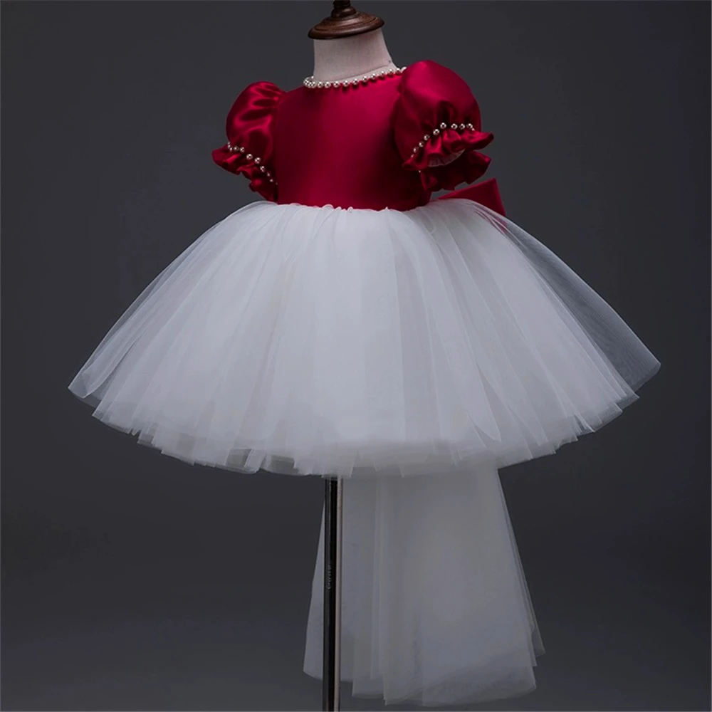 Kids Surprise Birthday Present Lovely Fluffy Short-sleeved Tulle Lace Flower Girl Dress Princess Ball First Communion Dresses