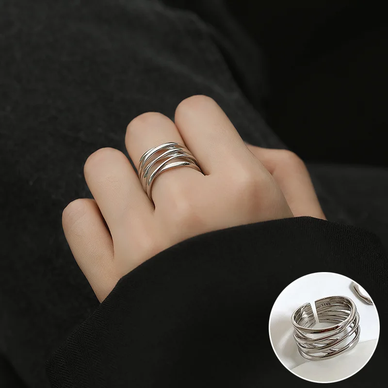 Women's Geometric Line Cross Wrap Open Ring, 925 Silver