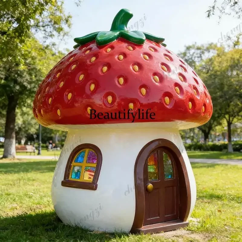 Creative strawberry shape mushroom hut landscape decoration outdoor house plastic art sculpture