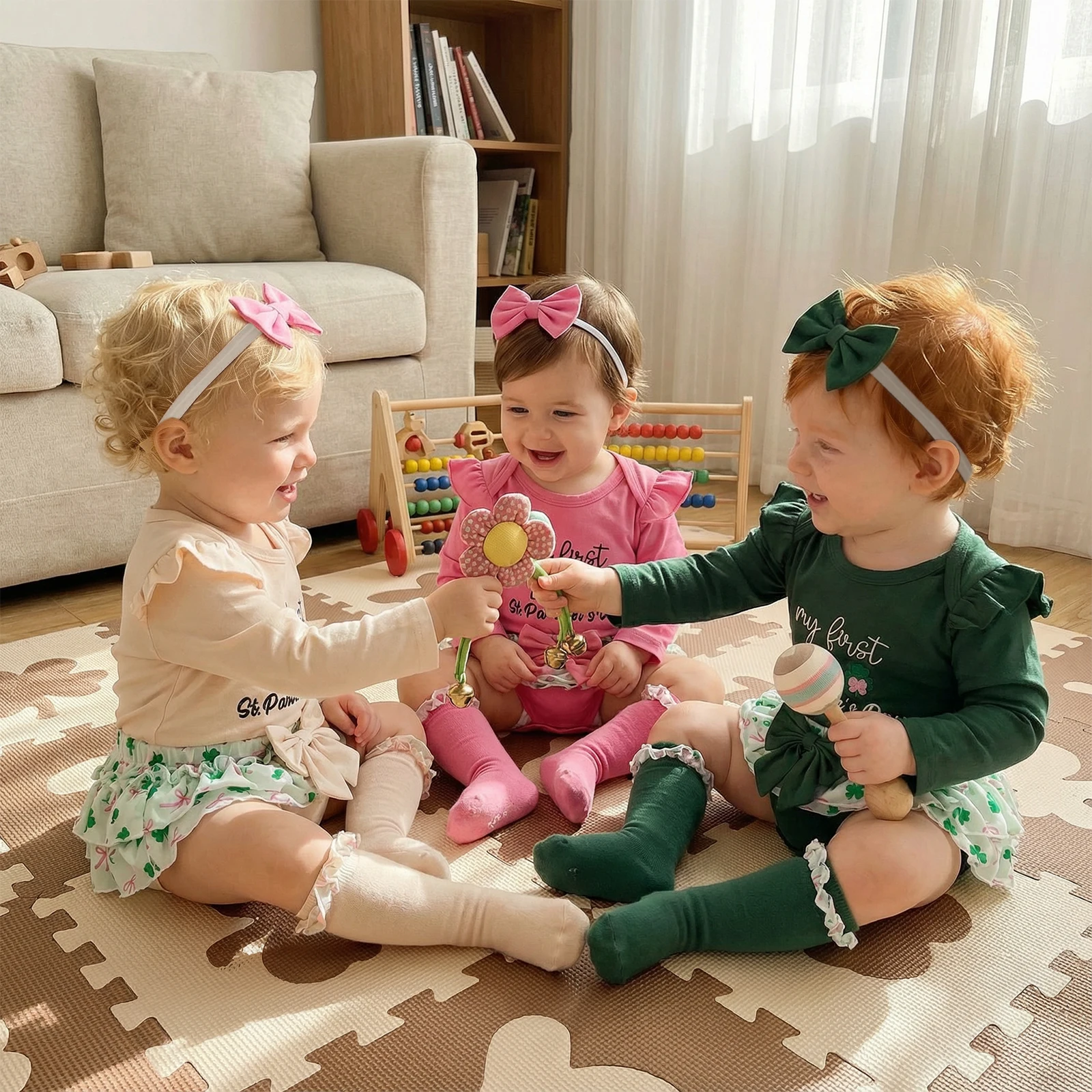 Baby Girls Irish Festival Outfit Letter Shamrock Embroidery Long Sleeve Round Neck Jumpsuit Headband Short Ruffled Skirt Socks