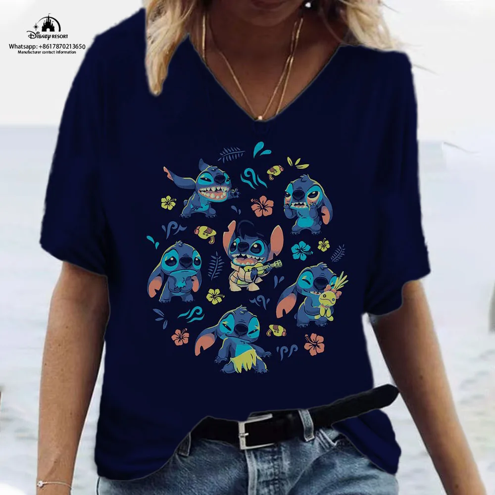 Stitch Anime 2023 Summer New Disney Collection Harajuku Sexy Ladies Fashion Casual V-Neck Short Sleeve Top T-Shirt