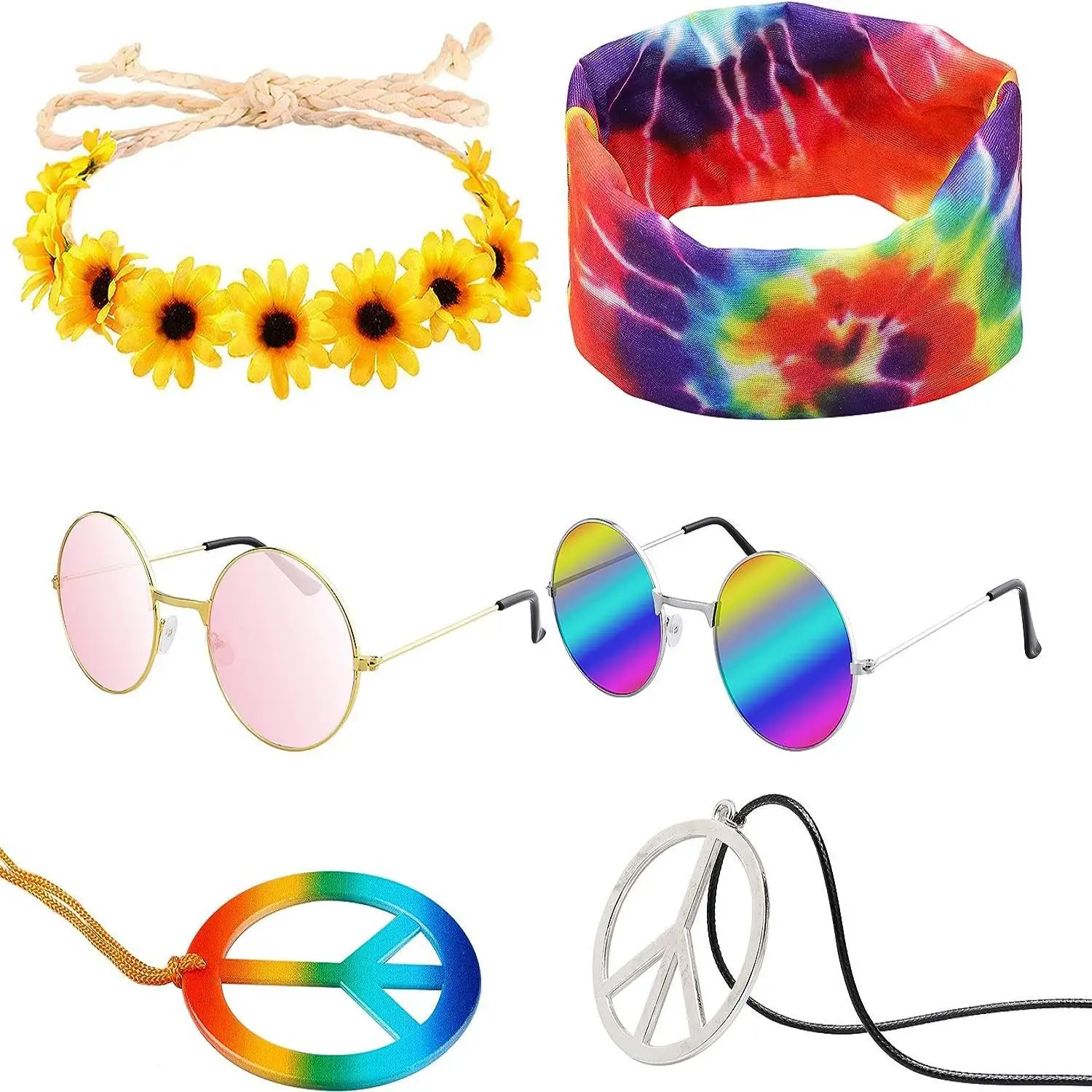 PESENAR Hippie clothing accessories: headscarves sunglasses headbands and peace logo necklace suitable for hippie-themed parties