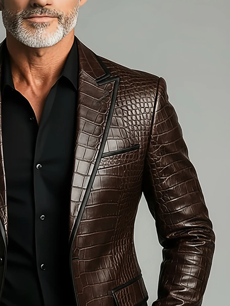 

Мужской деловой пиджак из искусственной кожи с искусственным крокодиловым узором, коричневый однобортный пиджак с лацканами и несколькими карманами, элегантный пиджак с длинными рукавами