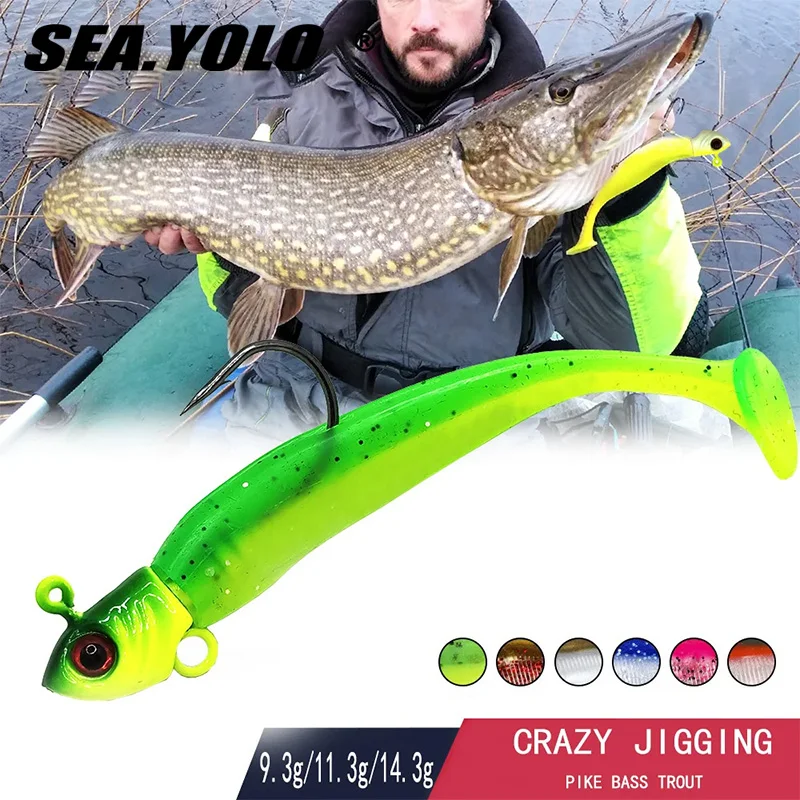 Sea Yolo 1 Set 5 Pcs T-tail Soft Bait Fishing Bait 9.3g/11.3g/14.3g Jig Head Fishing Hooks Double Color For Carp Fishing Lure