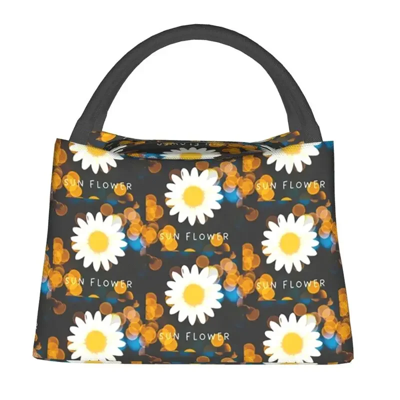 White Sunflower Prints Insulated Lunch Bags for Women Sun Flower Portable Thermal Cooler Bento Box Hospital Office