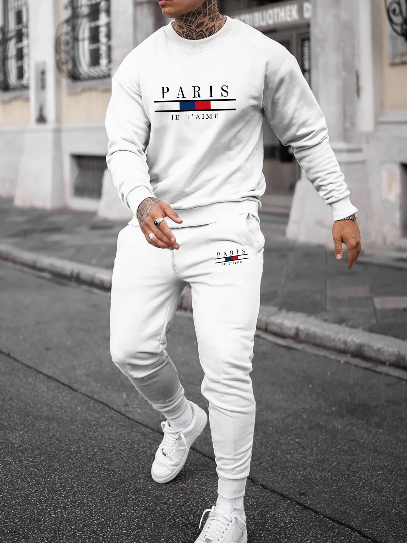 Autumn Trendy New Sweatshirt Sweatpants Set Men\'s Loose Casual Fit Paris Letter Printed Hundred Long Sleeve 2 Pieces Set