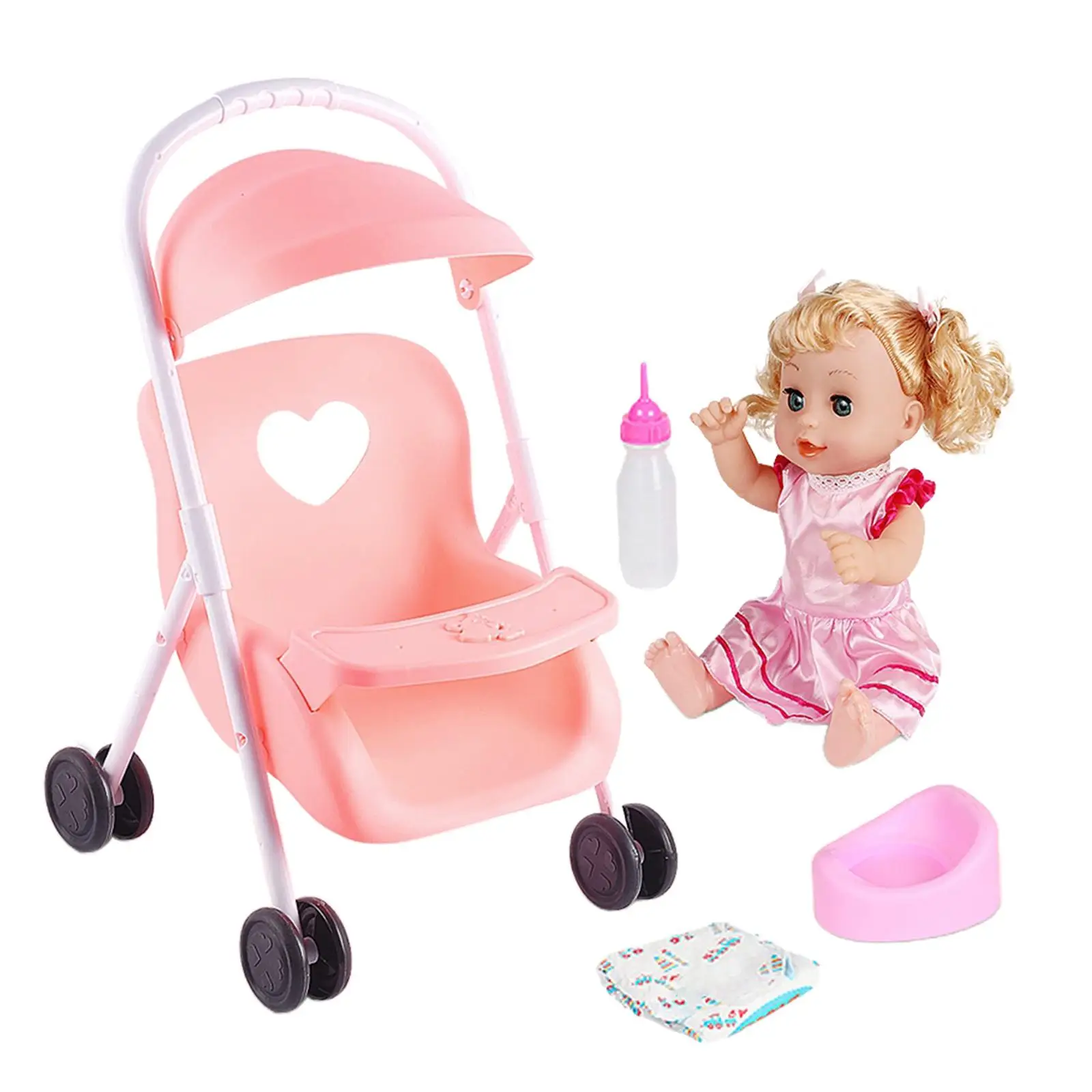 Dolls Baby Girl Doll with Mini Stroller Carriages for Children Toys Pink