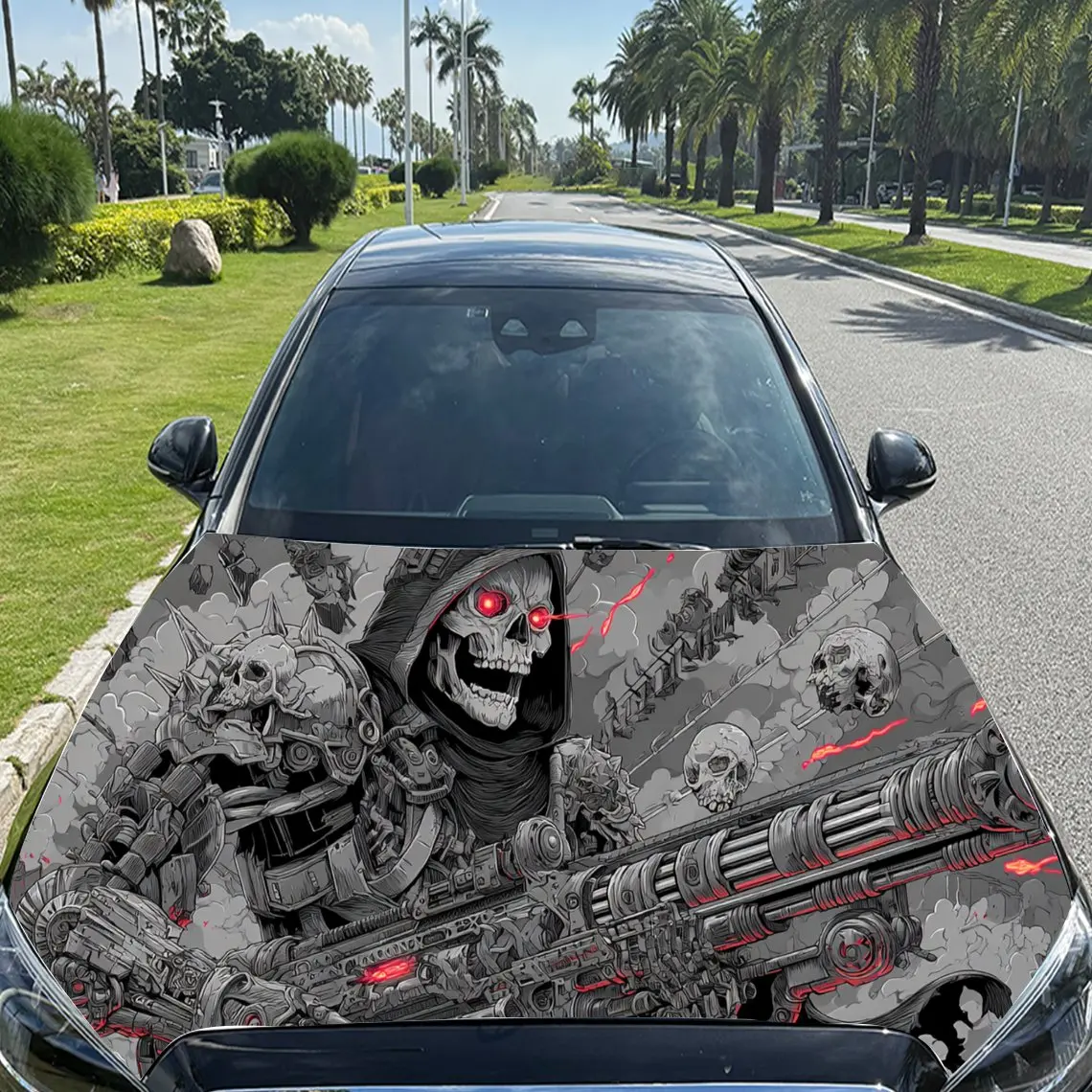 جمجمة ميكانيكية ساحرة في الخيال العلمي - مشهد فني من مادة PVC لغطاء محرك السيارة من الفينيل، عصا لاصقة ذاتية اللصق مقاومة للماء لغطاء السيارة