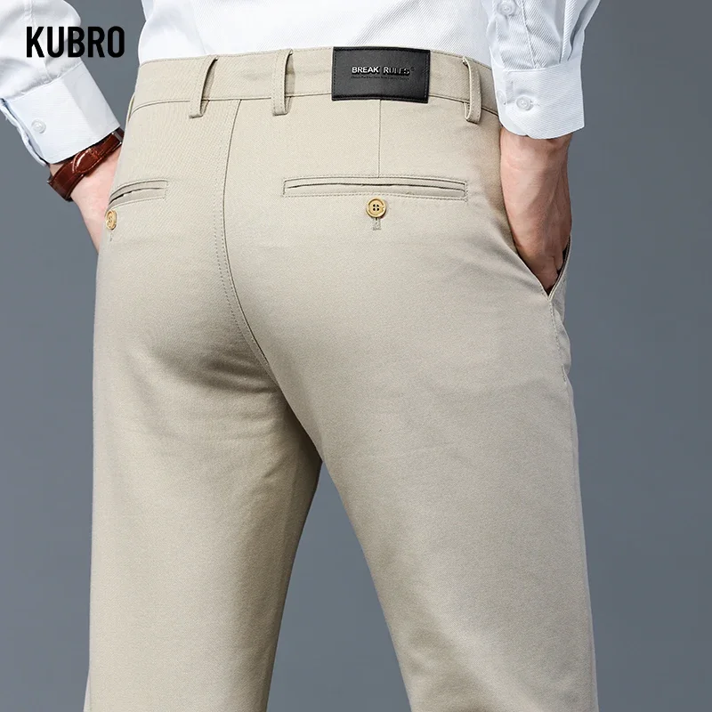 KUBRO Autumn Winter Brown Casual Men Stretch Classic Man Khaki Thick Cotton Trousers Elastic Korean Male Business Suit Pants