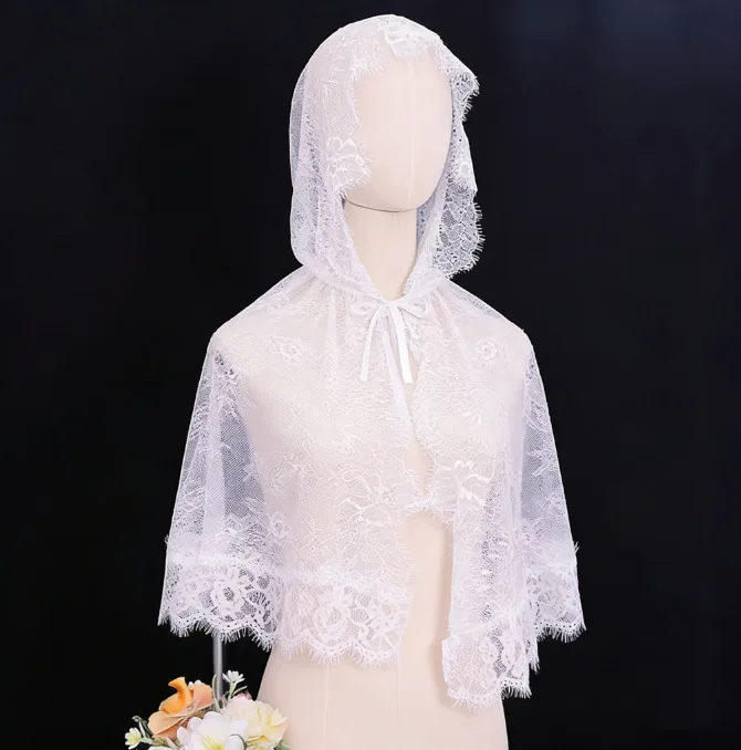 Retro Bridal Veils Multi Layer Tulle Ruffle Trim Floral Embroidery Detachable Hood Soft Sheer Mesh Wedding Banquet