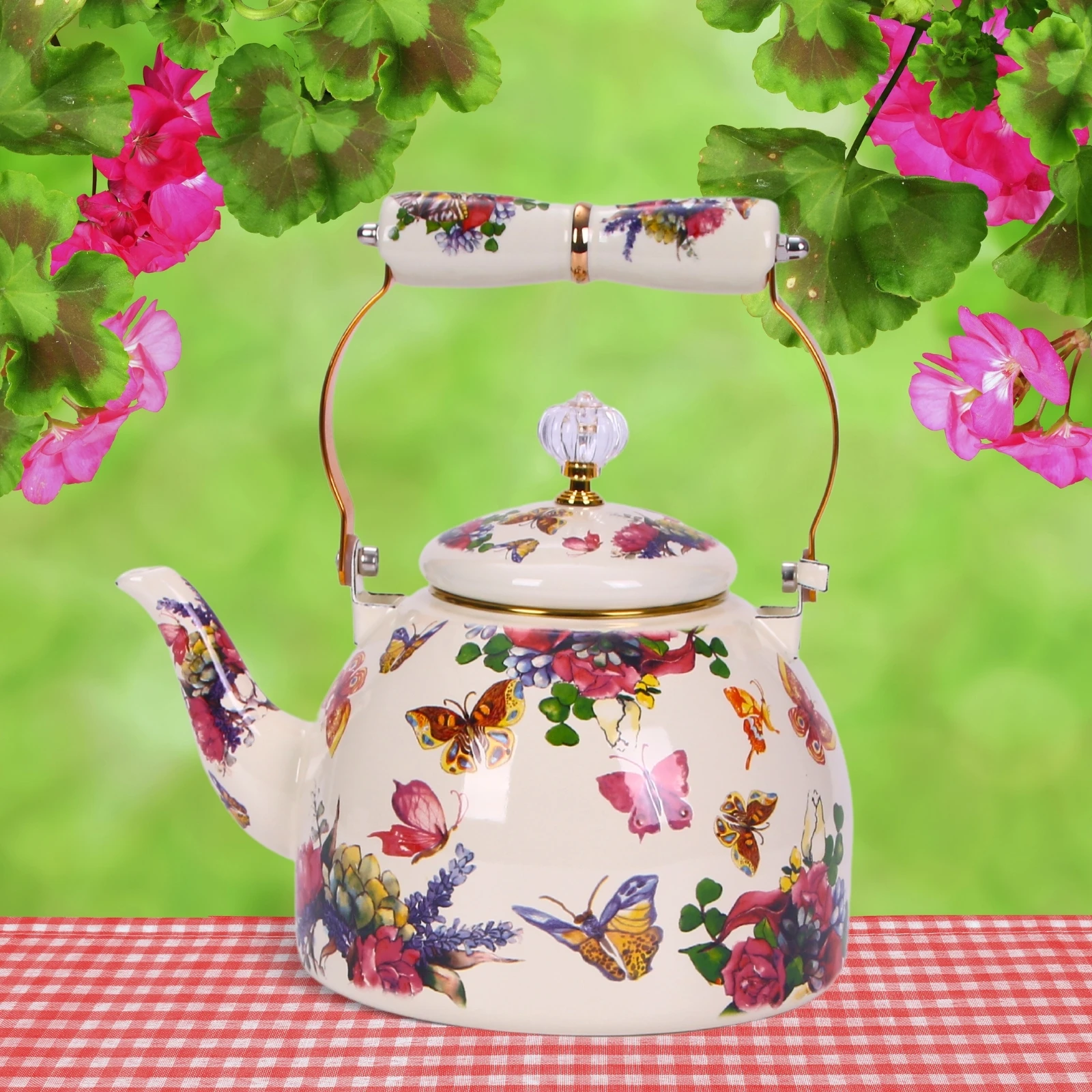 french romantic enamel water kettle butterfly flower classy elegant