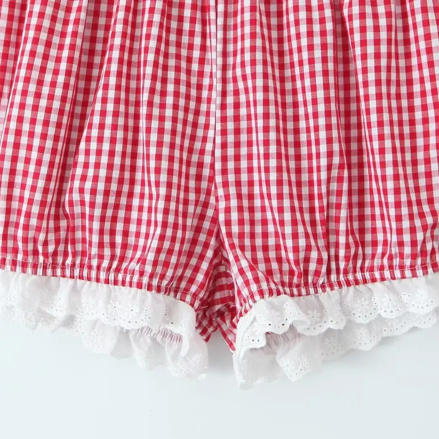 Celana Wanita Motif Kotak-kotak dengan Renda di Pinggang, Model Baru Musim Semi, Kasual, Pinggang Sedang, Bahan Poliester, untuk Musim Panas