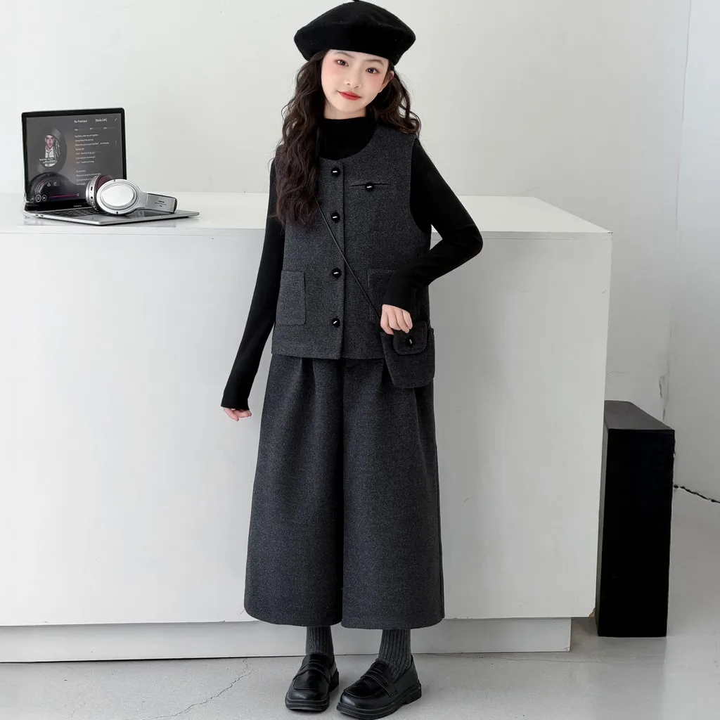 Children Clothes Suit Girls Autumn Black Base Layer Top Vest and Wide Leg Pants with Mini Bag