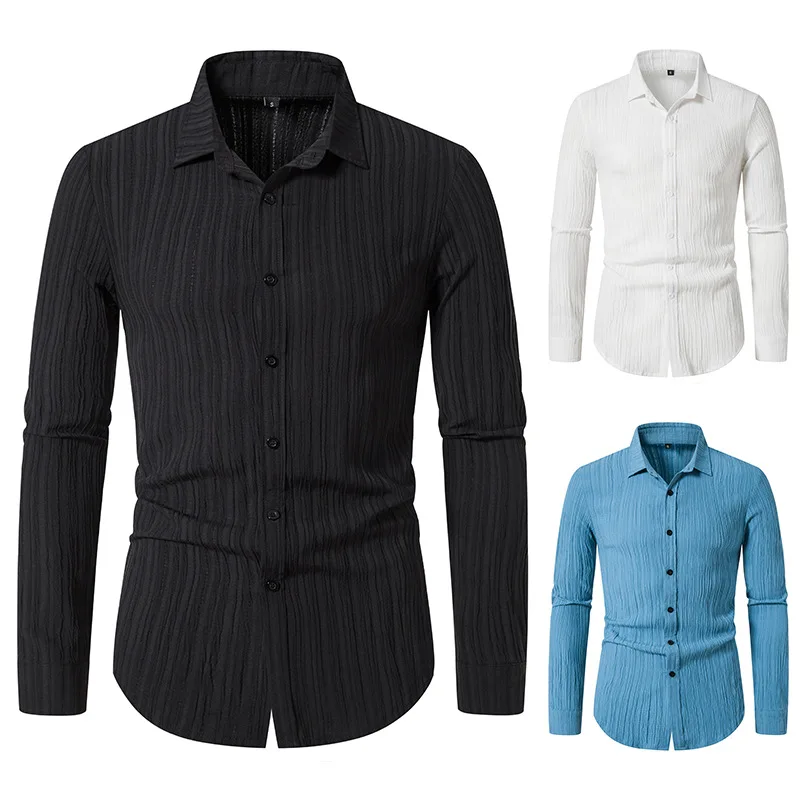 Spring/Summer New Men's Long Sleeved Shirt with Wave Pattern Cotton and Hemp Fashion Solid Color Polo Neck Shirt