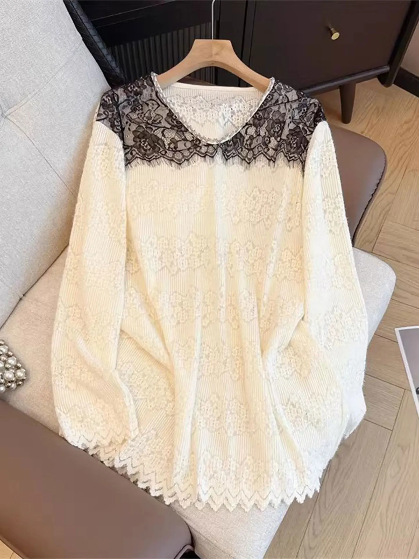 

Свободный длинный женский повседневный топ с кружевом Sve, весна 2026, дышащий, удобный, большие размеры, высокий класс