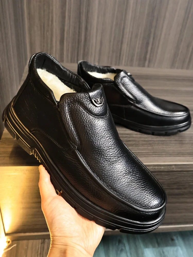 

Thickened Warmth Leather Shoes Casual Shoes Men's Autumn Winter Top Layer Cowhide Composite Fleece Lined Shoes Comfortable Br...