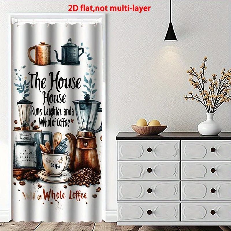 VIKAMA Coffee-Themed Door Curtain Coffee Pot, Bean, and Cup Design Rodless Kitchen Café Decor Home Room Divider Curtain