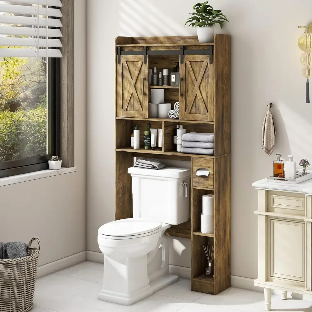 

Over The Toilet Storage Cabinet, Farmhouse Storage Cabinet Over Toilet with Sliding Doors & Toilet Paper Holder Stand，Home Space
