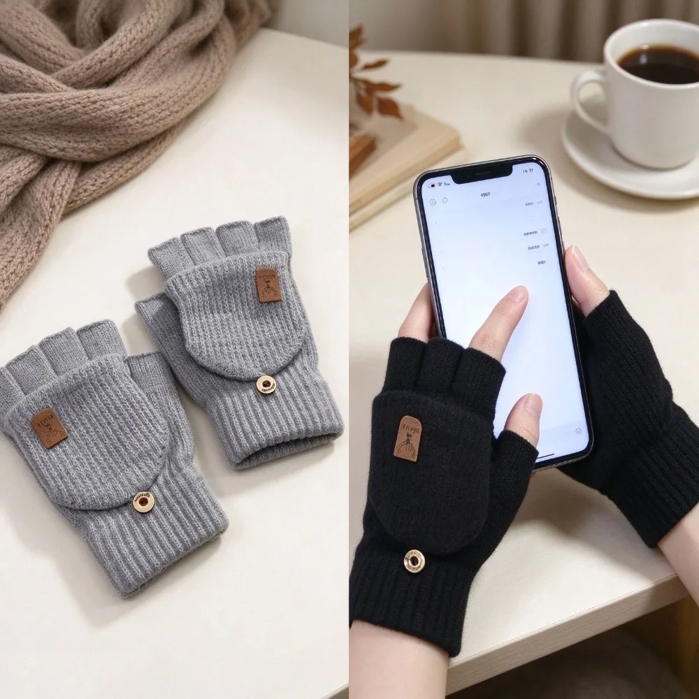 Warm Autumn Winter Knitted Wool Half Finger Flip Gloves Fingerless Gloves for Student Writing
