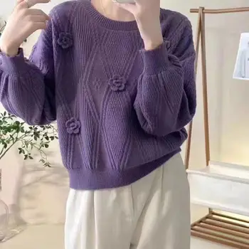 Women's 3D Flower Lantern-Sleeve Knit Sweater 2 Solid Color 3D Flower Beautiful Pullover Sweater for Women Autumn Winter Loose Lantern Sleeve Knitted Top Fashion Women Clothing 2