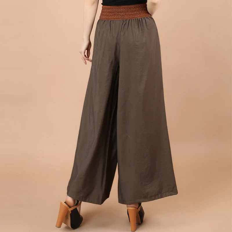 Korea Vintage Fashion Summer Women Pants Wide Leg Casual Loose Elastic Waist High Solid Drawstring Lace Up Ethnic Style Trousers