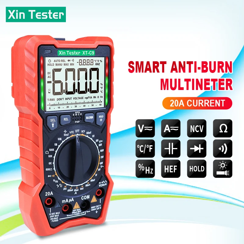 Xin Tester Digital Multimeter AC/DC 6000 Counts Capacitor Tester Large Screen Backlight Triode Temperature Resistance Meter