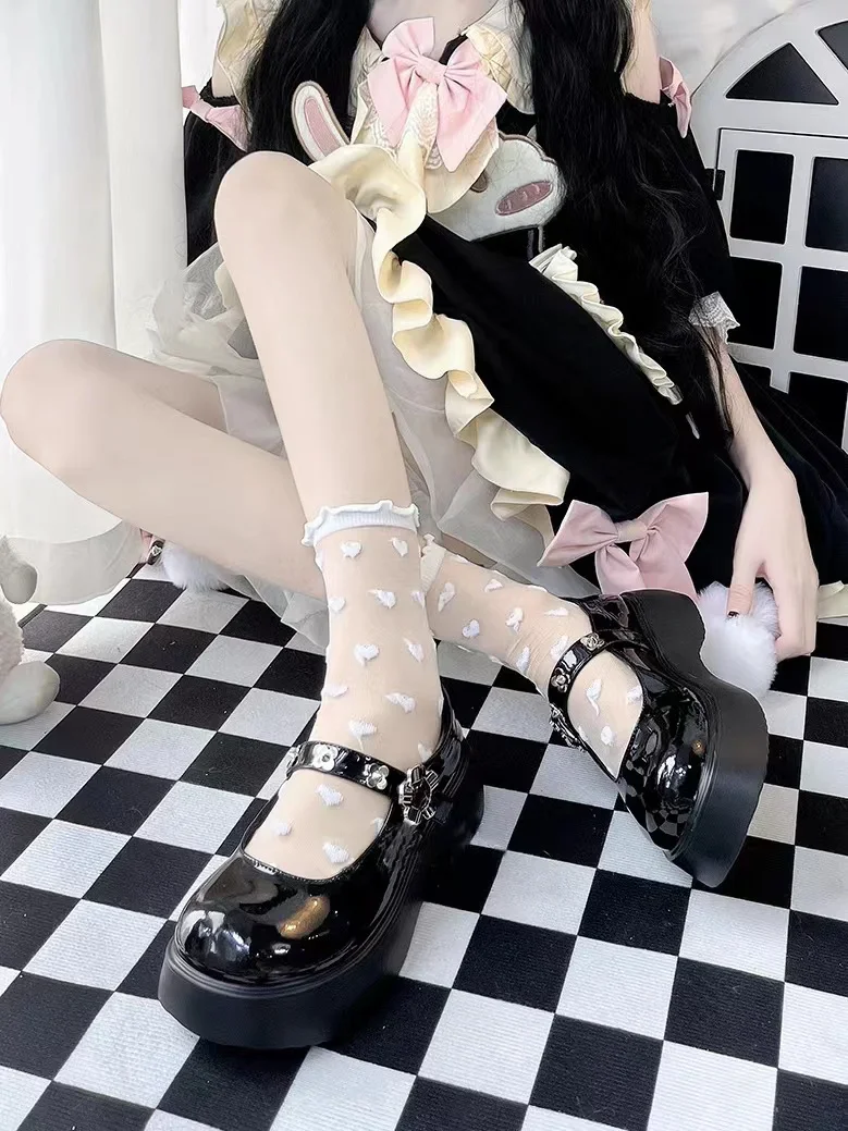 JK Lolita Girls Cute Transparent Mesh Crew Socks Women Sweet Ruffled Lace Trim Cute Love Heart Pattern Anime Princess Hosiery image 6