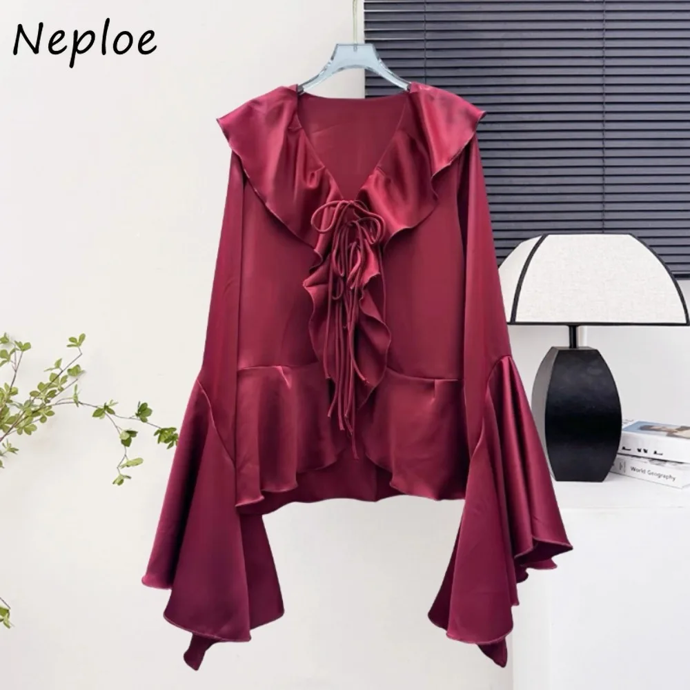 

Neploe Early Autumn New Satin Ruffles Shirt Flare Sleeve Lace Up Korea Fashion Blouses Temperament Elegant Trendy Fresh Blusas
