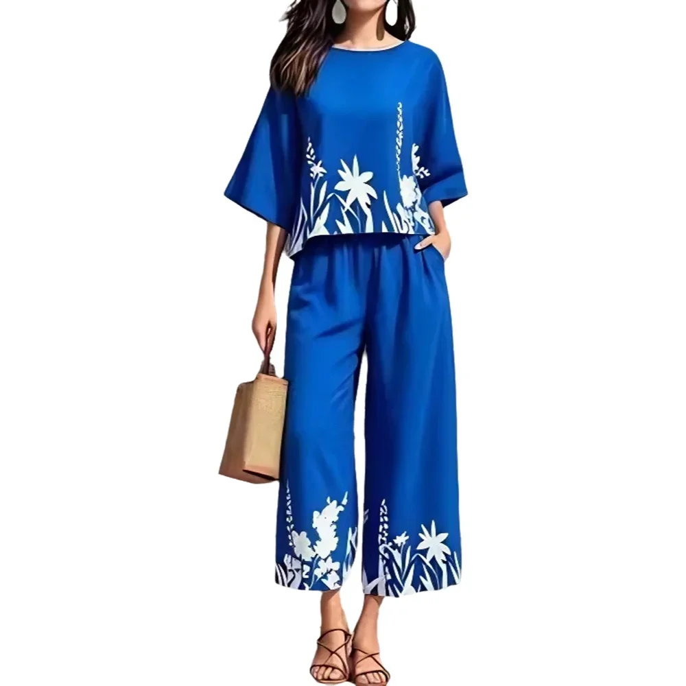 Damen Zweiteiler mit Blumenmuster, 3/4-Ärmel-Oberteil, Weite Hose, Lässiges Urlaubs-Outfit – Detail 1