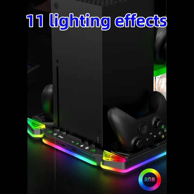 وحدة تحكم ألعاب Xbox Series X، قاعدة مروحة تبريد متعددة الوظائف مع مقبض مزدوج الشحن RGB وخطاف تخزين القرص الخفيف