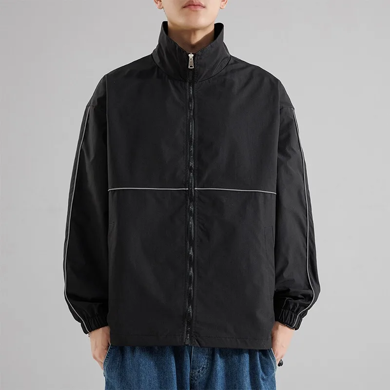 High Collar Solid Color Zipper Cardigan Jacket Men's Loose Casual Workwear Patchwork Jacket Fashion Top