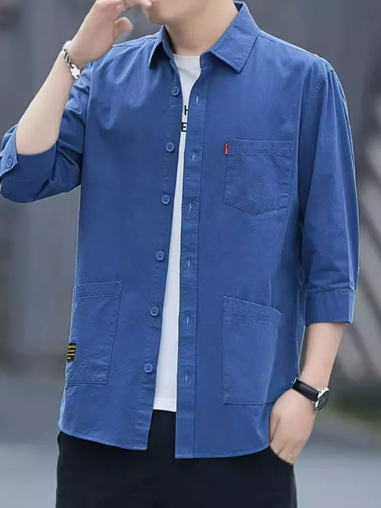 

Fashionable Cotton Blend Men's Casual Work Shirt Loose Fit Seven-Quarter Sleeve Short Sleeve Outerwear Autumn Season Style