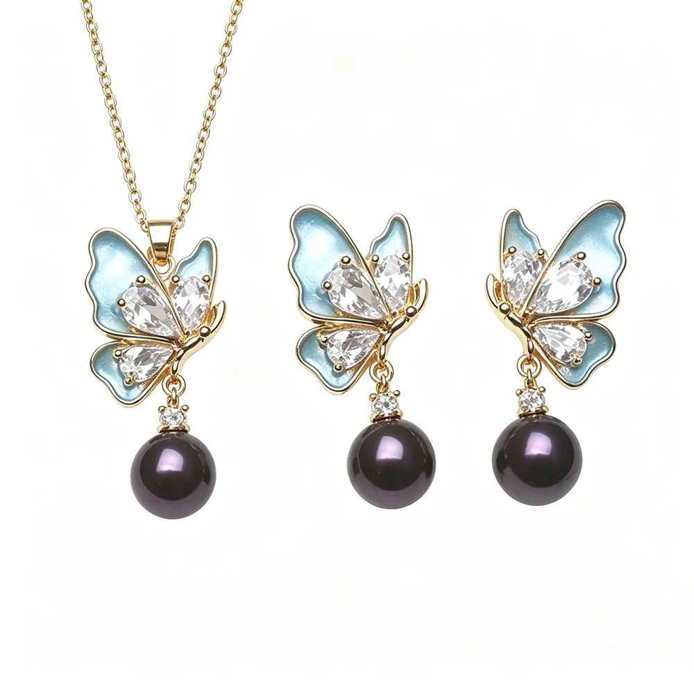 Echte 925 Sterling Silber Perlenkette Ohrring-Sets für Damen, Brautschmuck aus Süßwasser-Naturperlen, Geschenk für die Ehefrau, Weiß Schwarz – Detail 5