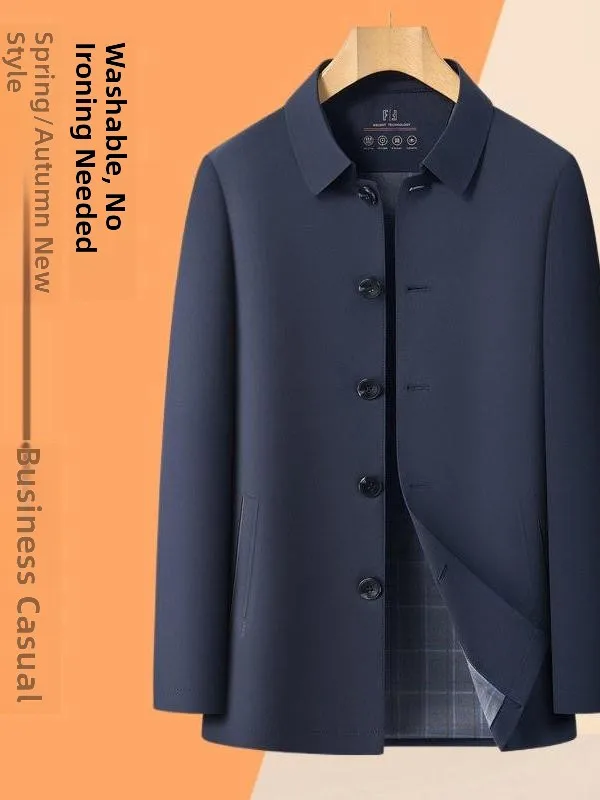 

Silk Men's Casual Jaet Thin Flip-Collar Button-Up Spring Autumn Wear Comfortable Lightweight Long Sve Stand Fit Coat