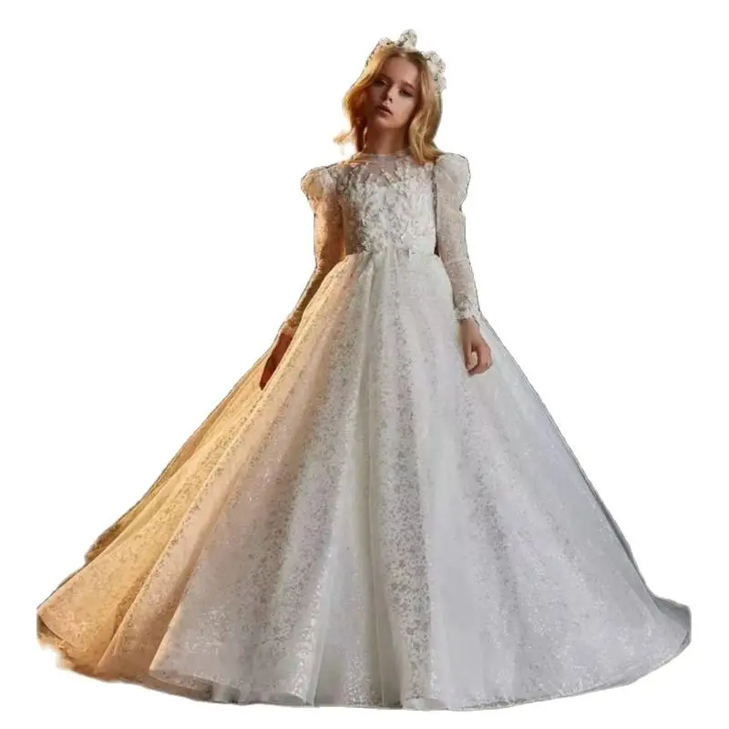 Flower Girl Dress Tulle Beaded Applique Trailer Long Sleeve Wedding Luxury Little Flower Children Birthday Communion Party Dress