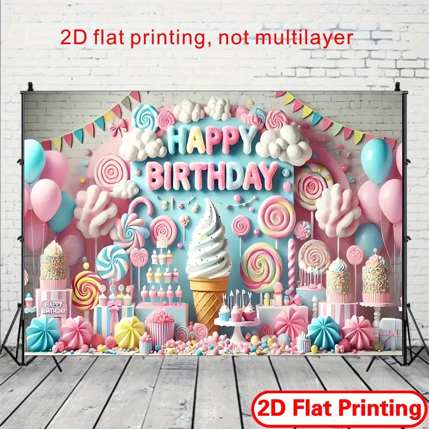 2D flaches Geburtstagsbanner mit 1 Bonbon-Motiv – Eiscreme- und Lutscher-Design, lebendige weiche Farben, Polyestermaterial