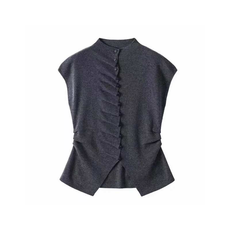 

Half High Collar Wrinkle Knitted Sweater Women Spring 32%wool Flying Sleeve Slim Single Breasted Elegant Tops