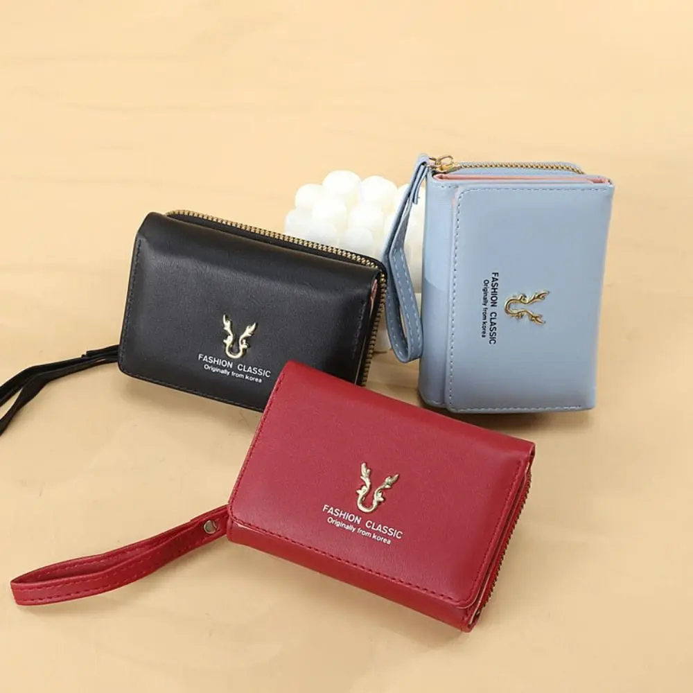 Luxury Leather Short Wallet Large Capacity Solid Color Card Holder Small Antler Women's Handbag Lady