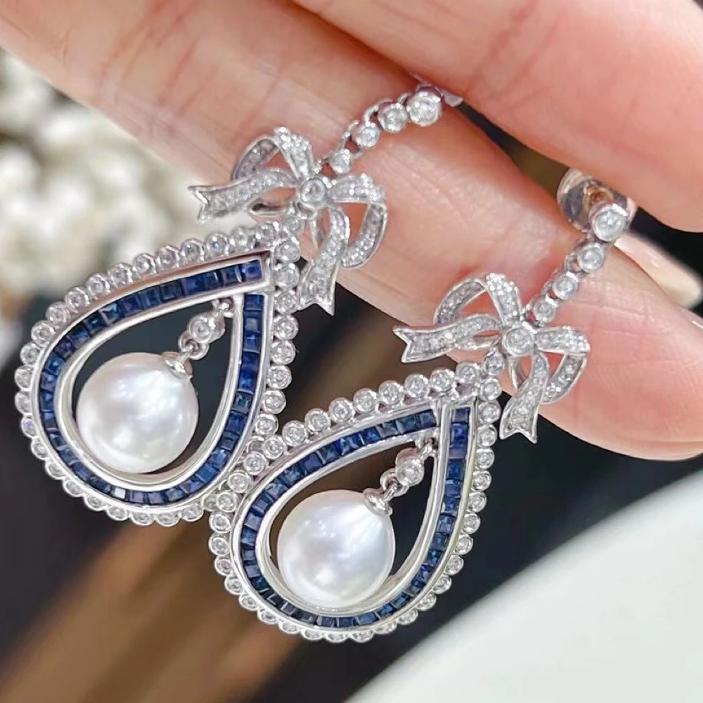 MeiBaPJ 9-10mm Natural White Round Pearls Fashion Bow Water Drop Earrings 925 Silver Fine Wedding Jewelry for Women