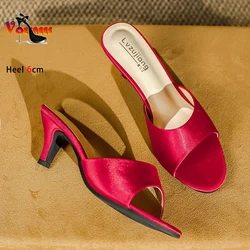 6CM Simple Style Women Slippers Red Silk Stiletto Heels Summer Outdoors High Heeled Sandals Comfortable Party Ladies Shoes Mules